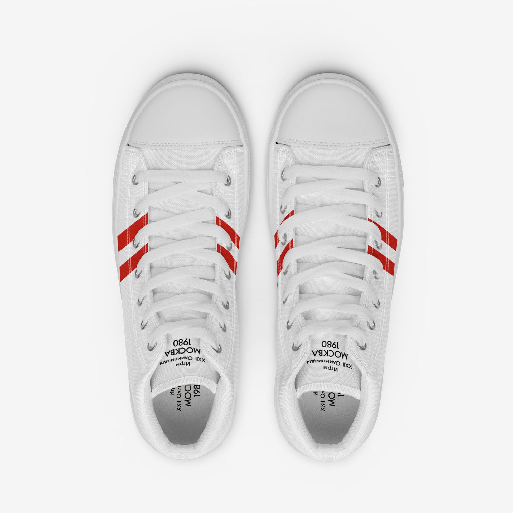 Womens Moscow 1980 Olympic Games high-top shoes with vintage navy graphics on white canvas, featuring the Olympic emblem and retro stripes.