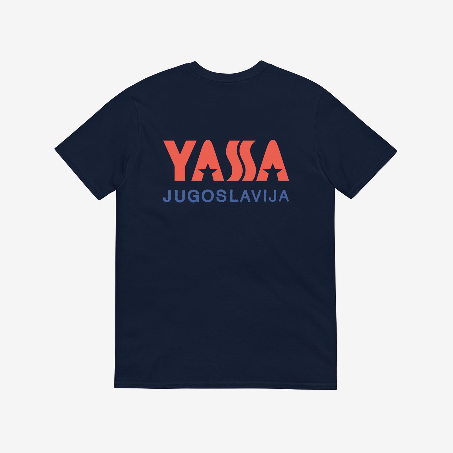 Navy blue unisex regular fit T-shirt featuring small YASSA logo on the front and large logo with wordmark JUGOSLAVIJA on the back. The iconic Yugoslavia sportswear brand. Back side. www.artsoviet.com