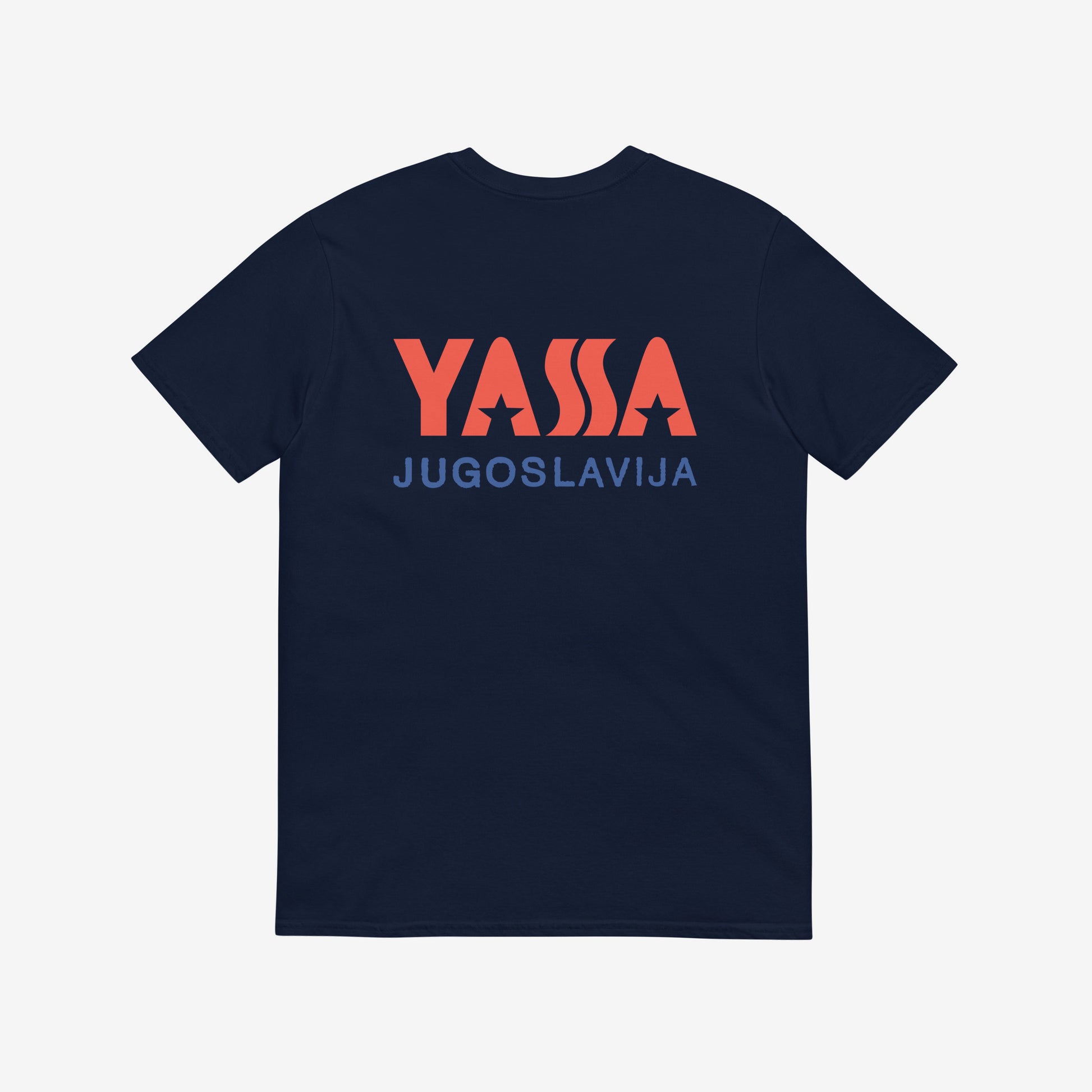 Navy blue unisex regular fit T-shirt featuring small YASSA logo on the front and large logo with wordmark JUGOSLAVIJA on the back. The iconic Yugoslavia sportswear brand. Back side. www.artsoviet.com