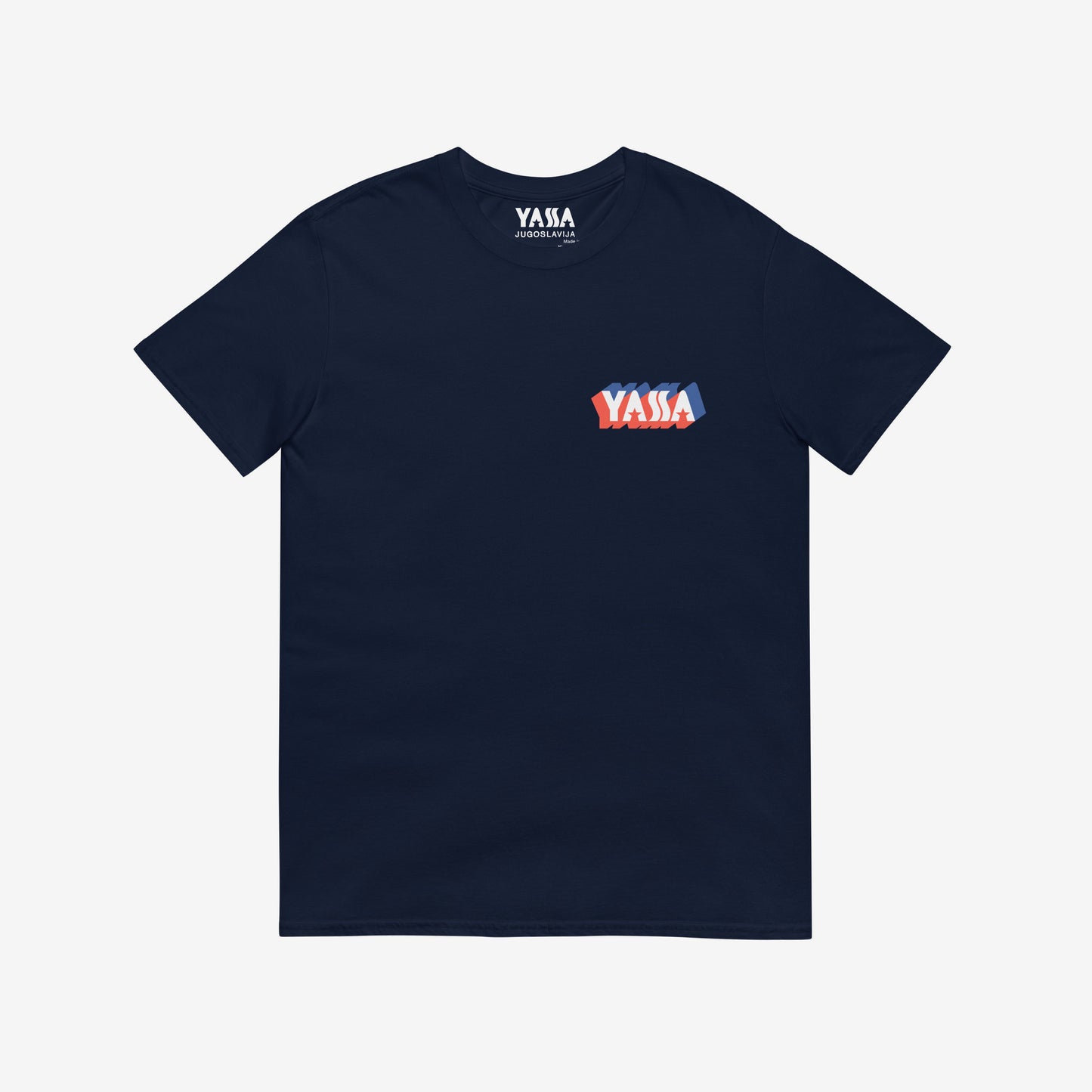 Navy blue unisex regular fit T-shirt featuring small YASSA logo on the front and large logo with wordmark JUGOSLAVIJA on the back. The iconic Yugoslavia sportswear brand. Front side. www.artsoviet.com