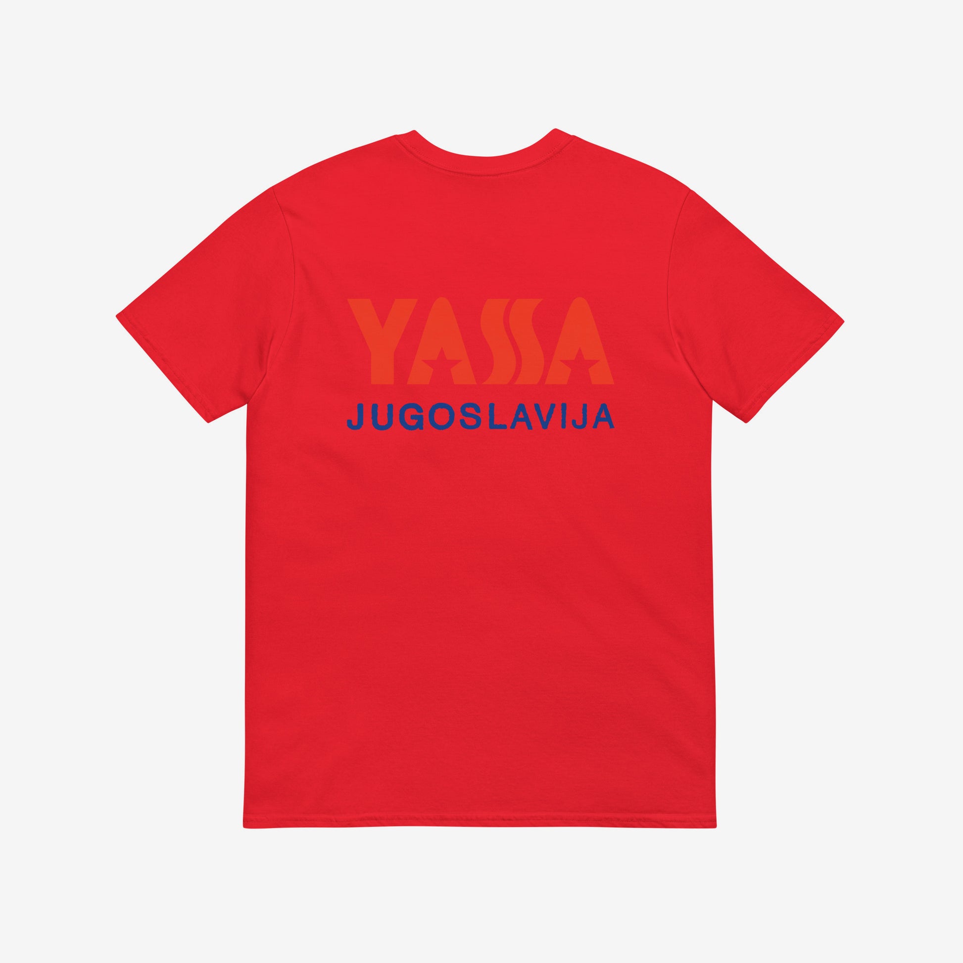 Red unisex regular fit T-shirt featuring small YASSA logo on the front and large logo with wordmark JUGOSLAVIJA on the back. The iconic Yugoslavia sportswear brand. Back side. www.artsoviet.com