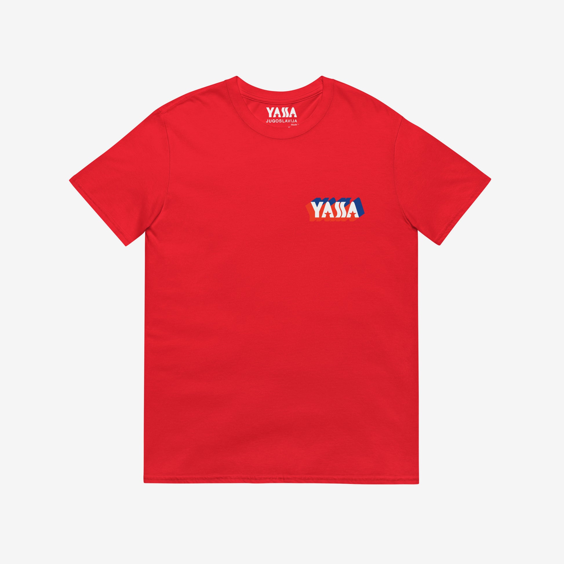 Red unisex regular fit T-shirt featuring small YASSA logo on the front and large logo with wordmark JUGOSLAVIJA on the back. The iconic Yugoslavia sportswear brand. Front side. www.artsoviet.com