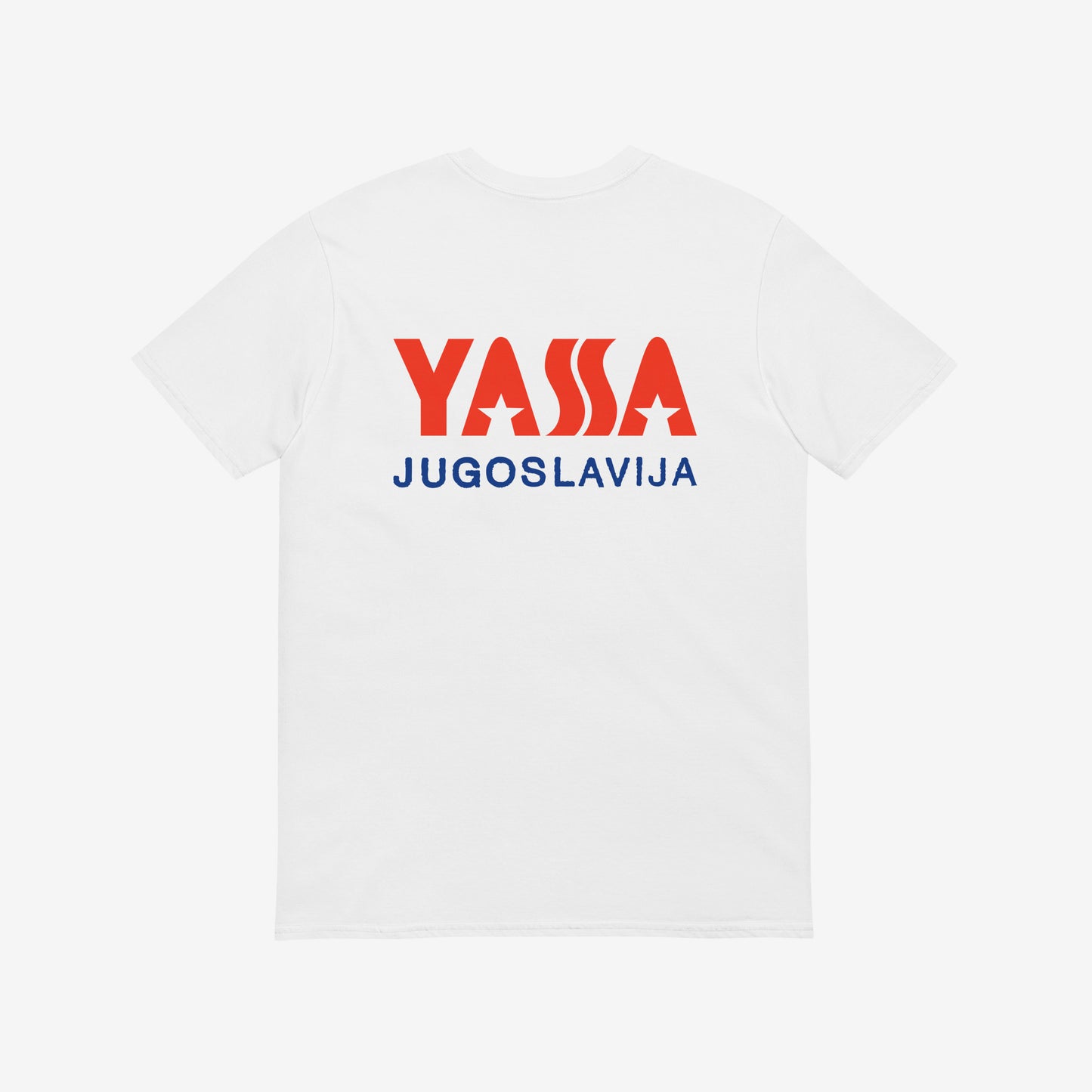 White unisex regular fit T-shirt featuring small YASSA logo on the front and large logo with wordmark JUGOSLAVIJA on the back. The iconic Yugoslavia sportswear brand. Back side. www.artsoviet.com