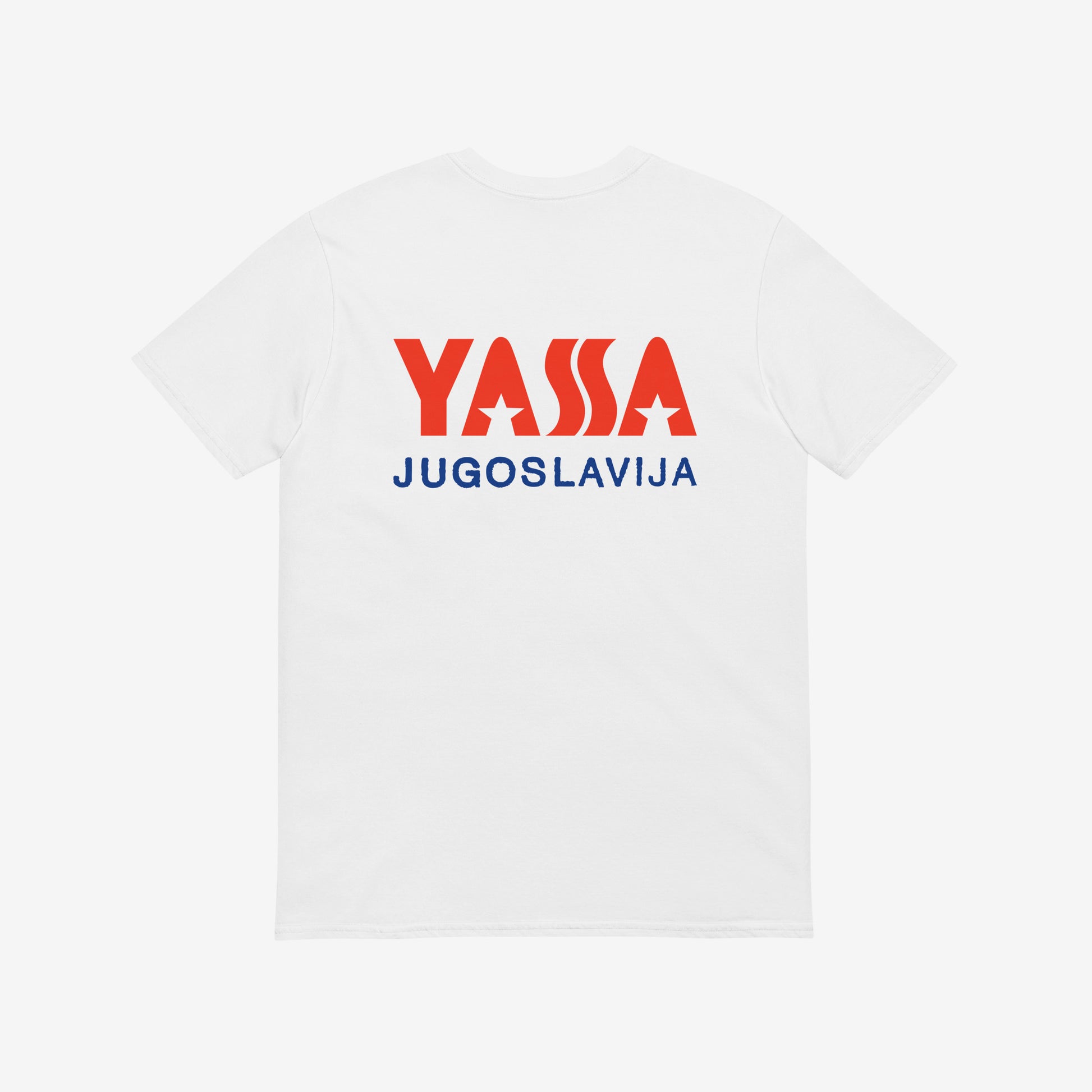 White unisex regular fit T-shirt featuring small YASSA logo on the front and large logo with wordmark JUGOSLAVIJA on the back. The iconic Yugoslavia sportswear brand. Back side. www.artsoviet.com
