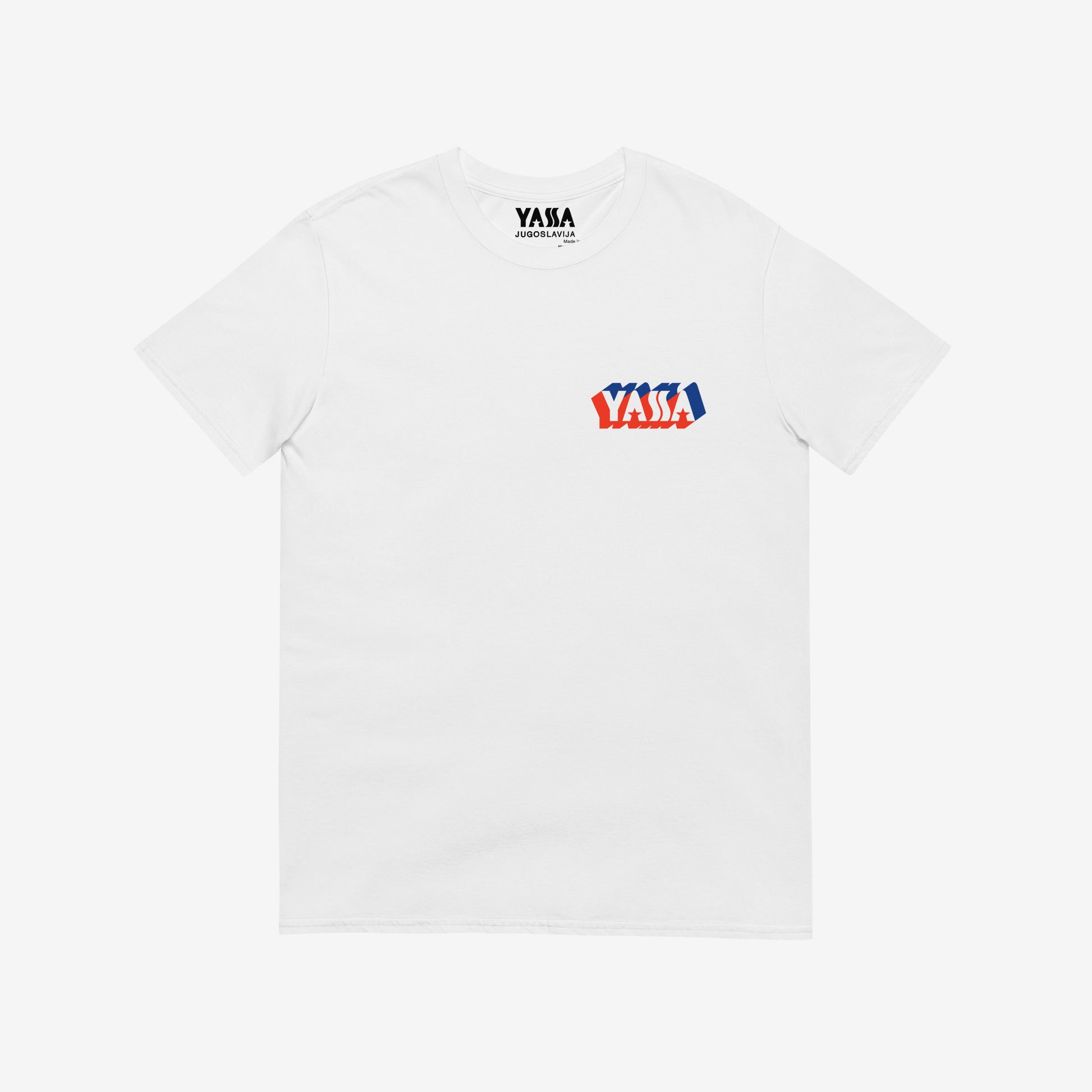 White unisex regular fit T-shirt featuring small YASSA logo on the front and large logo with wordmark JUGOSLAVIJA on the back. The iconic Yugoslavia sportswear brand. Front side. www.artsoviet.com