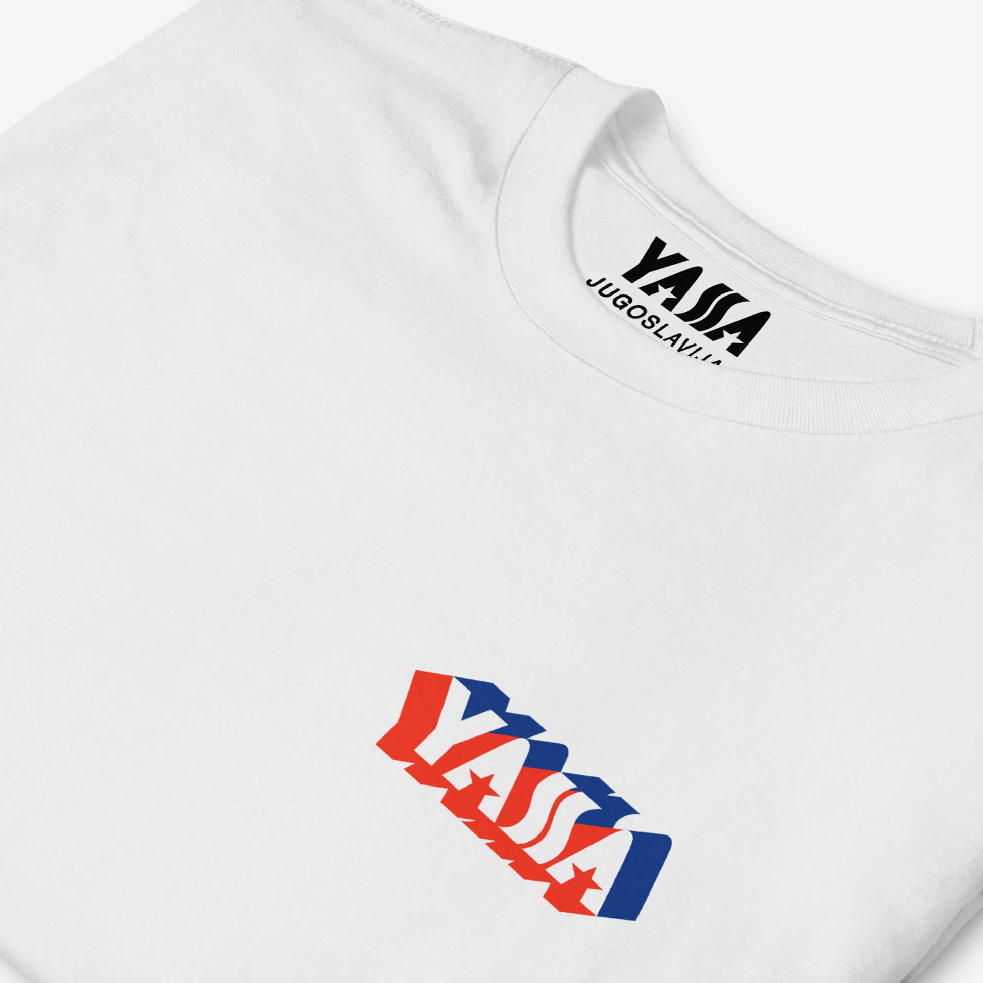 White unisex regular fit T-shirt featuring small YASSA logo on the front and large logo with wordmark JUGOSLAVIJA on the back. The iconic Yugoslavia sportswear brand. Front side, closeup print details. www.artsoviet.com