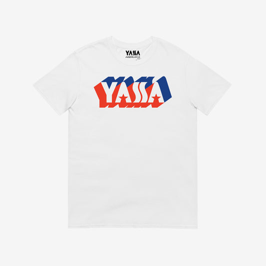 White unisex regular fit T-shirt featuring the vintage YASSA logo, the iconic Yugoslav sportswear brand. www.artsoviet.com