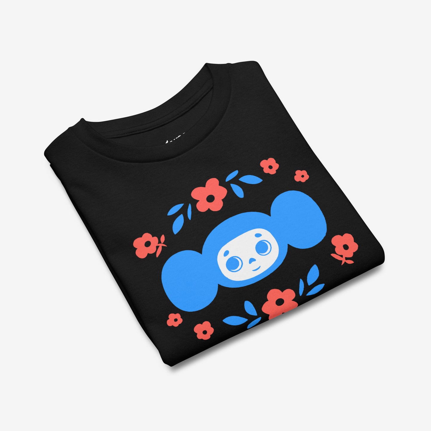 Youth T-shirt with Soviet cartoon character Cheburashka holding a bouquet of flowers, with チェブラーシカ text in Japanese, on a white background
