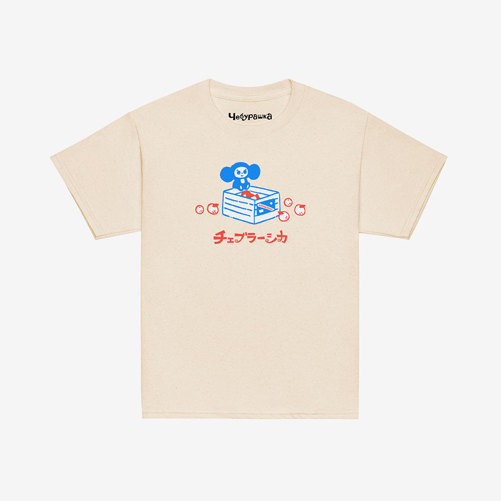 Youth Cheburashka T-shirt with cartoon print of Cheburashka on box of oranges with Japanese チェブラーシカ logo.