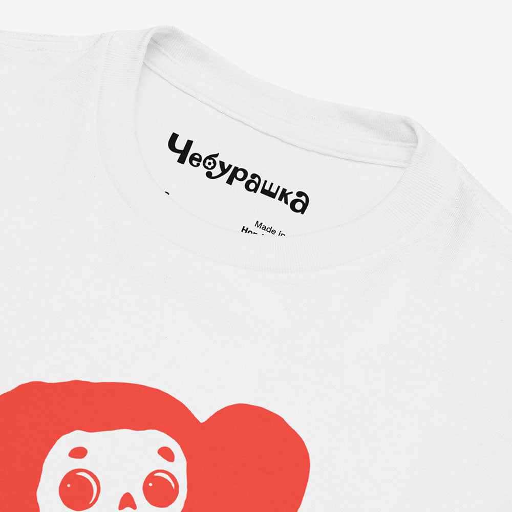 Youth T-shirt featuring Soviet cartoon character Cheburashka with flowers, with チェブラーシカ text in Japanese