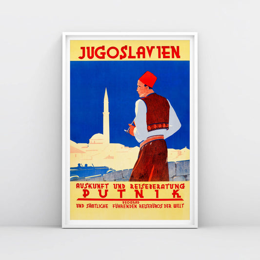 Rare vintage Yugoslavian travel poster with "Yugoslavien Putnik" text and a man in traditional dress.