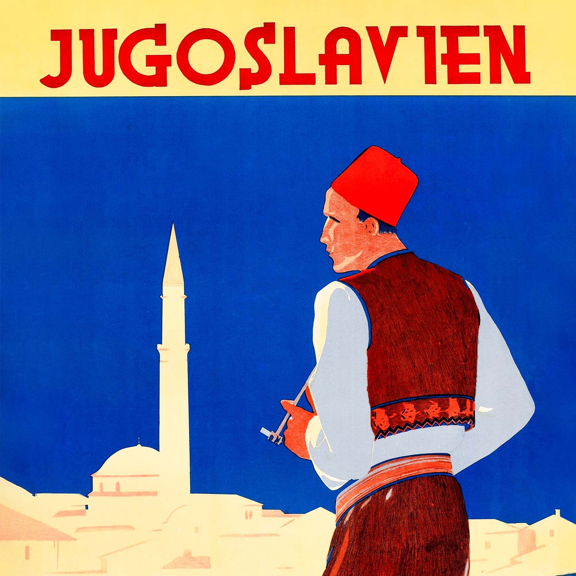 Rare vintage Yugoslavian travel poster with "Yugoslavien Putnik" text and a man in traditional dress.