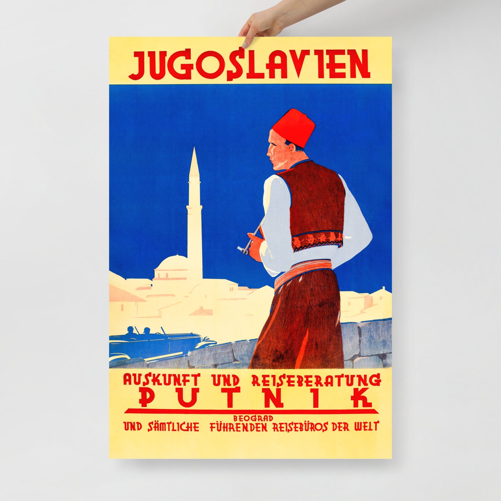 Rare vintage Yugoslavian travel poster with "Yugoslavien Putnik" text and a man in traditional dress.