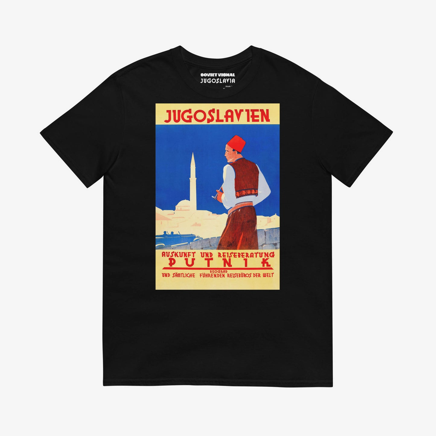 Yugoslavian Putnik t-shirt featuring a vintage travel design with a man in traditional dress.