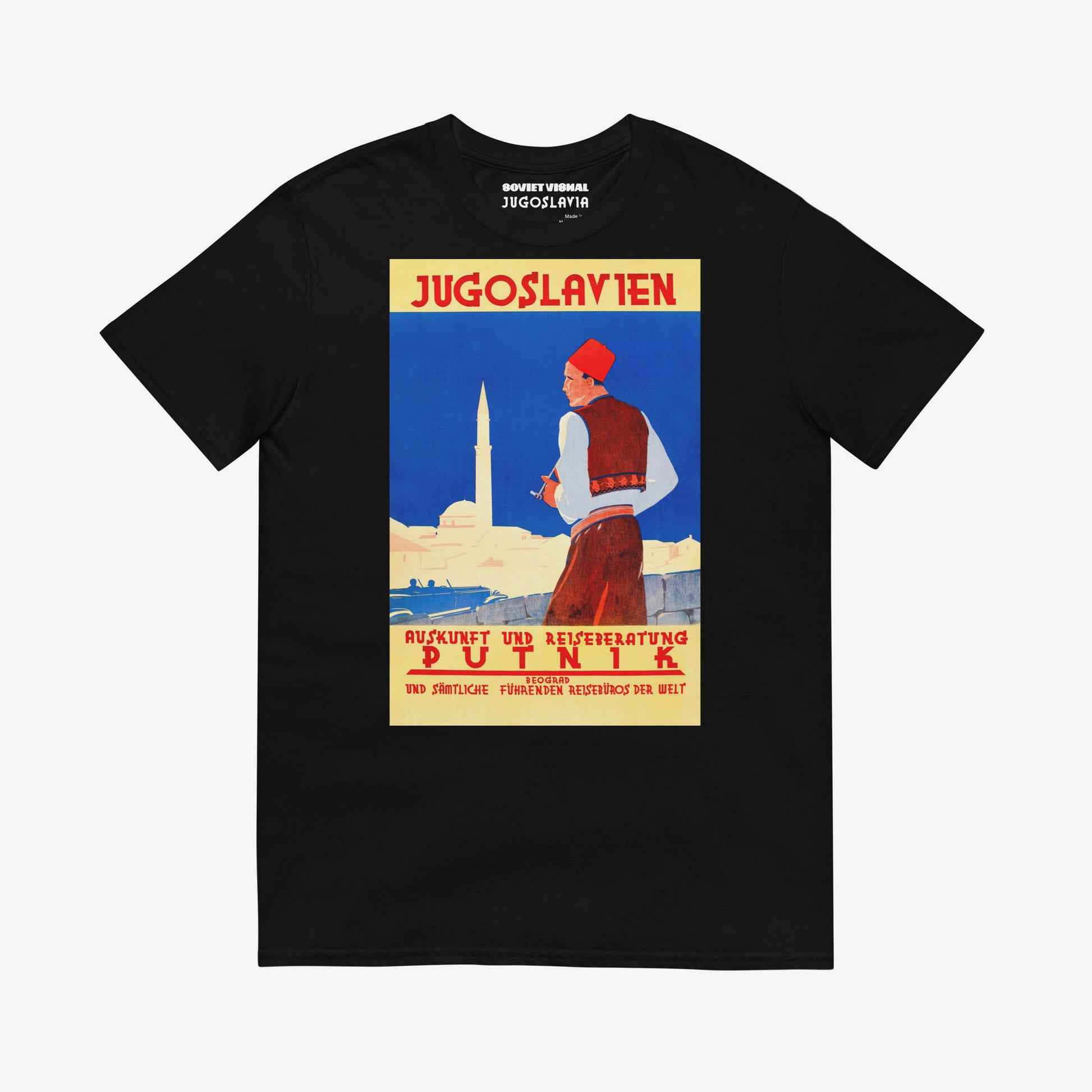 Yugoslavian Putnik t-shirt featuring a vintage travel design with a man in traditional dress.