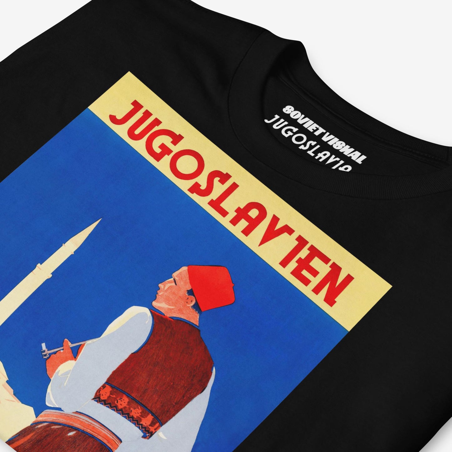 Yugoslavian Putnik t-shirt featuring a vintage travel design with a man in traditional dress.