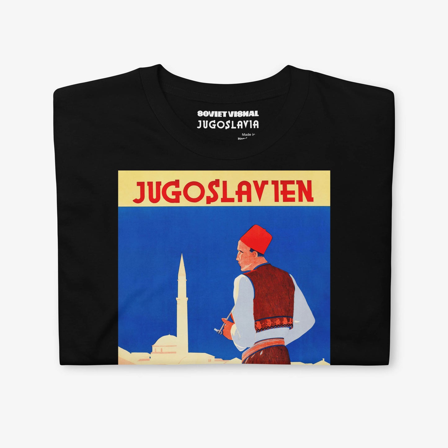 Yugoslavian Putnik t-shirt featuring a vintage travel design with a man in traditional dress.