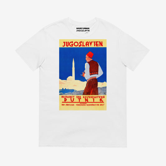 Yugoslavian Putnik t-shirt featuring a vintage travel design with a man in traditional dress.