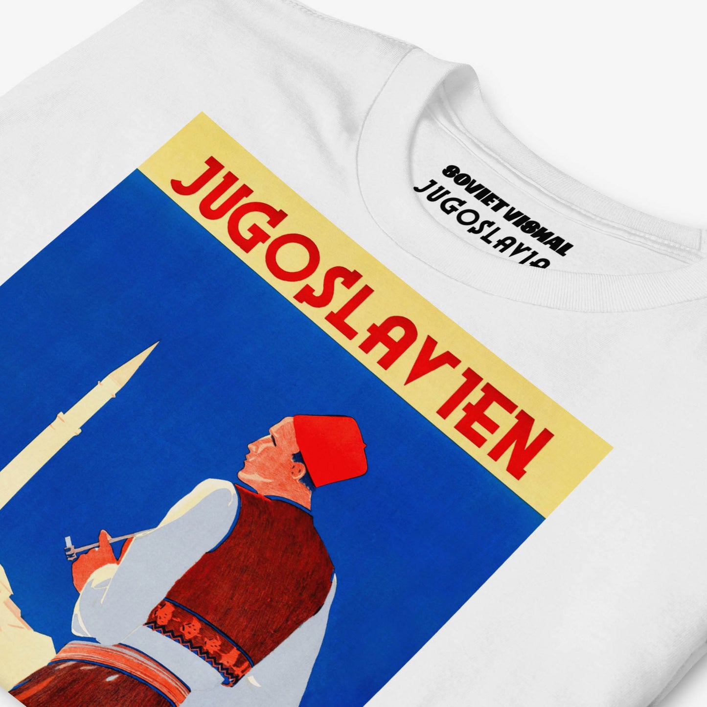Yugoslavian Putnik t-shirt featuring a vintage travel design with a man in traditional dress.