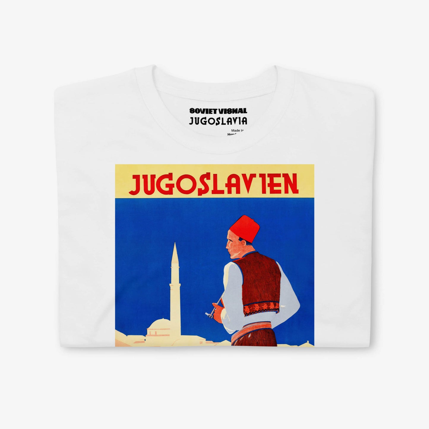 Yugoslavian Putnik t-shirt featuring a vintage travel design with a man in traditional dress.